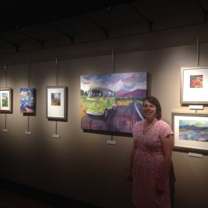 Katherine Horst with her collages displayed at Lebanon Picture Frame & Fine Art Gallery